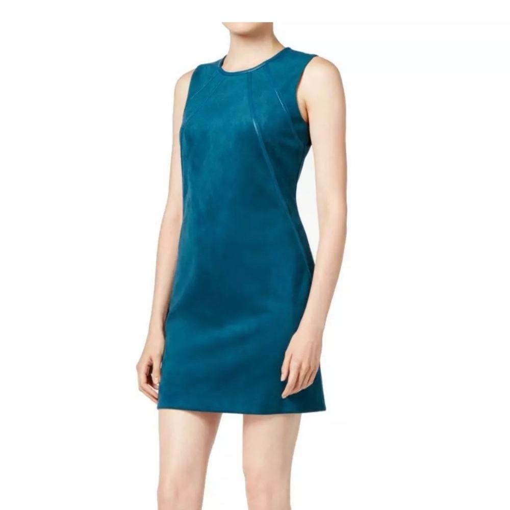 Calvin Klein faux suede and leather trim dress in teal